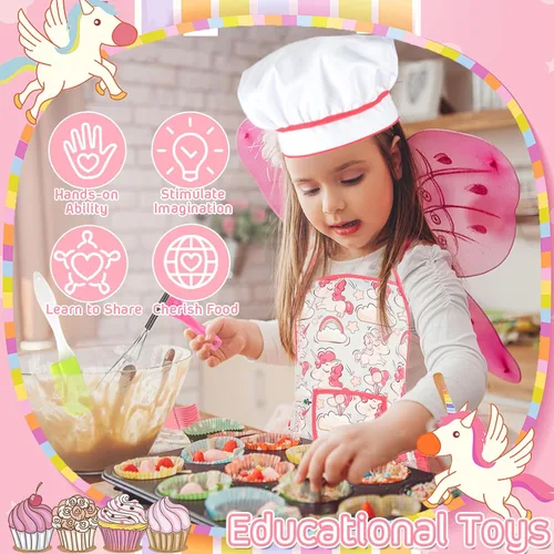 Miniatura 2 de KAEGREEL Juego de chef para hornear para niños con delantal de unicornio y manopla, juego de cocina para niños de 26 piezas con sombrero de chef