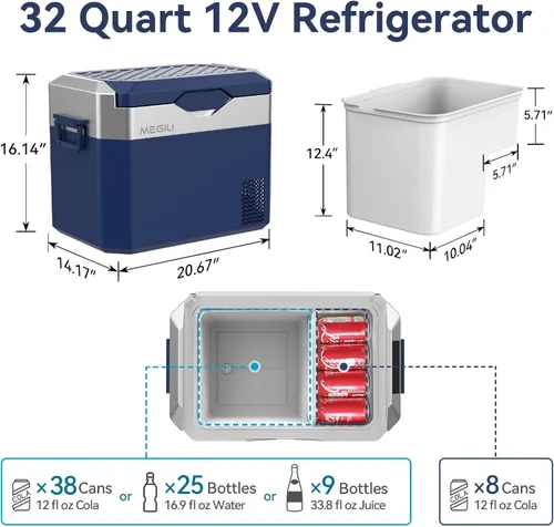 Miniatura 4 de Megiu Refrigerador portátil de 12 V de 12 V de 32 cuartos de galón de 12 voltios congelador compresor enfriador 12V/24V DC 110 ~ 240 V CA para Azul