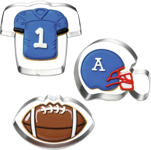 LUBTOSMN Juego de 3 cortadores de galletas de fútbol, 3.5 pulgadas, casco de fútbol americano y camiseta Fondant Biscui Cutters