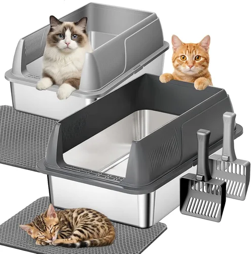 Miniatura 9 de Gimars Paquete de 2 cajas de arena de acero inoxidable XL para gatos grandes y mayores, bandeja de arena de metal para gatos múltiples con lados