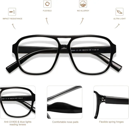Miniatura 5 de AMOMOMA Paquete de 3 lentes de lectura de gran tamaño con bisagra de resorte de aviador para mujeres y hombres, marco retro para lector