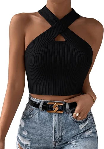 Miniatura 4 de SweatyRocks Camiseta sin mangas casual con cuello halter cruzado para mujer, de punto acanalado