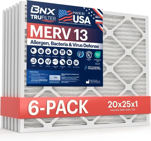BNX TruFilter 20x25x1 Filtro de aire MERV 13 (paquete de 6) - HECHO EN EE. UU. - Filtros electrostáticos plisados para aire acondicionado HVAC AC