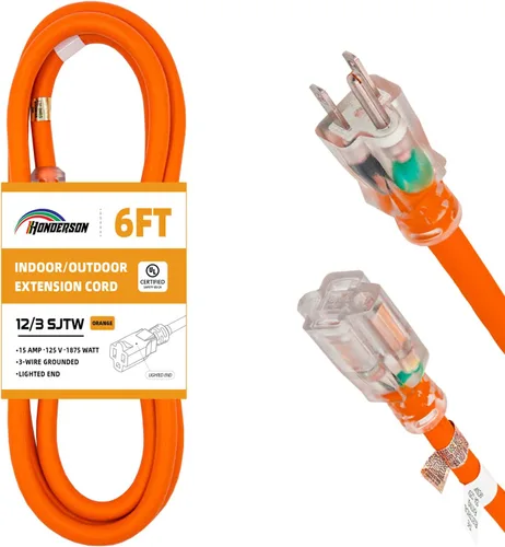Miniatura 10 de Cable de extensión para interiores y exteriores, resistente a la intemperie con extremo iluminado, certificación UL, calibre 12, 20 pies, color Azul