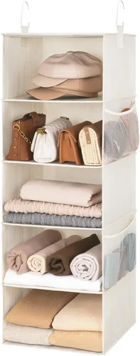 Miniatura 9 de StorageWorks Organizadores colgantes de armario con 5 estantes, organizador de almacenamiento plegable con 2 bolsillos laterales, estantes colgantes