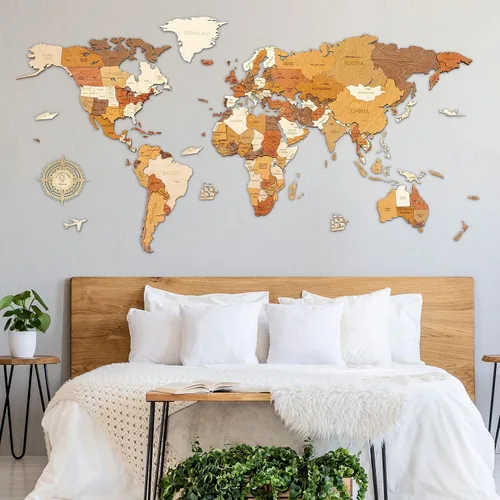 Miniatura 22 de Decoración de pared de mapa del mundo de madera, multicapa, madera teñida multicolor, nombres grabados, diseño 3D único, para cocina, oficina
