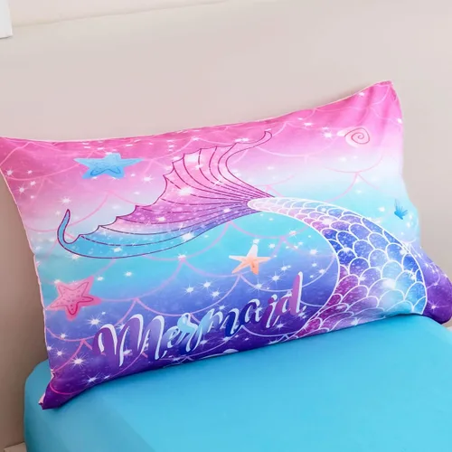 Miniatura 8 de ZRNBAST Juego de ropa de cama de sirena para niños pequeños, juego de edredón de escamas de pez de 4 piezas para dorados, color morado y azul, cama