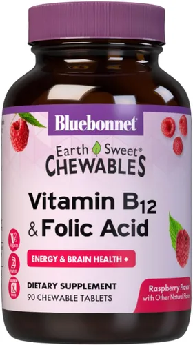 Bluebonnet Nutrition Earth Sweet - Tabletas masticables de vitamina B12 y ácido fólico, sin soja, sin gluten, frambuesa, 90 unidades (paquete de 1)