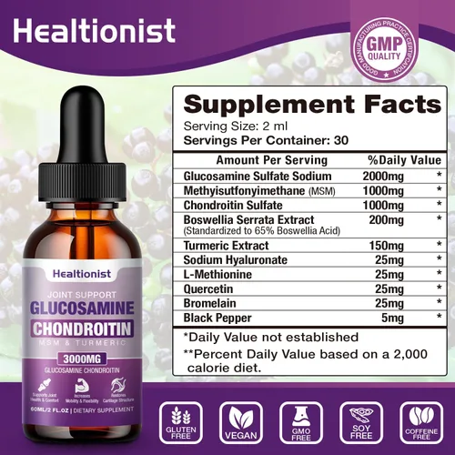 Miniatura 2 de 1 paquete de gotas líquidas de glucosamina condroitina MSM, suplemento de apoyo articular extra fuerte para adultos, hombres y mujeres, quercetina