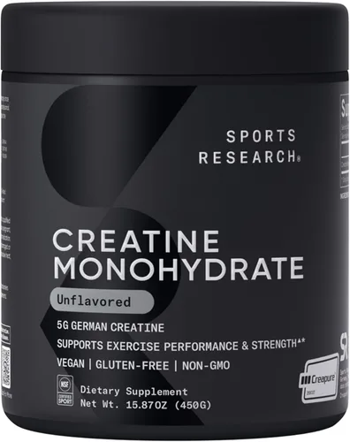 Sports Research® Polvo de creatina monohidrato con Creapure® - Ganar músculo magro, mejorar el rendimiento y apoyar la recuperación del