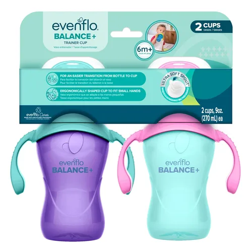 Evenflo Balance+ Tazas de entrenamiento para bebés de 6 meses en adelante, morado y menta, diseño ergonómico con asas, 9 onzas, paquete de 2