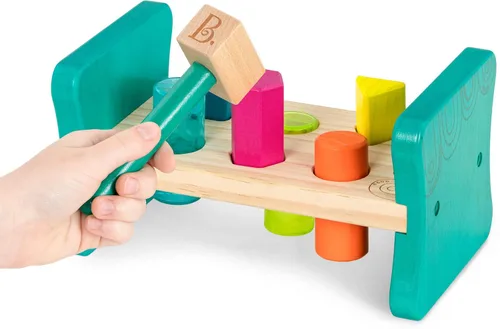 Miniatura 2 de B. toys – Clasificador de formas de madera – Banco de golpeo para clasificación de formas – 6 clavijas y martillo de juguete – Juguetes clásicos