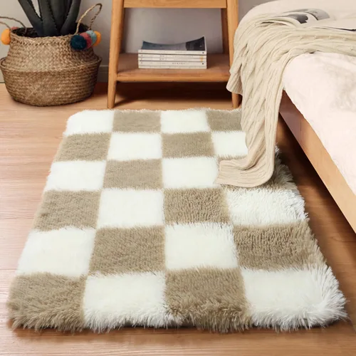 KICMOR - Tapete a cuadros afelpado, peludo, mullido, color beige y blanco crema, pequeño, de 2 x 3 pies, para dormitorio, sala, junto a la cama,