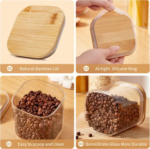 Miniatura 3 de Tarros de almacenamiento de vidrio cuadrados con tapas[Juego de 5], perfectos para pasta, galletas, nueces, café, cereal, harina, organice su cocina