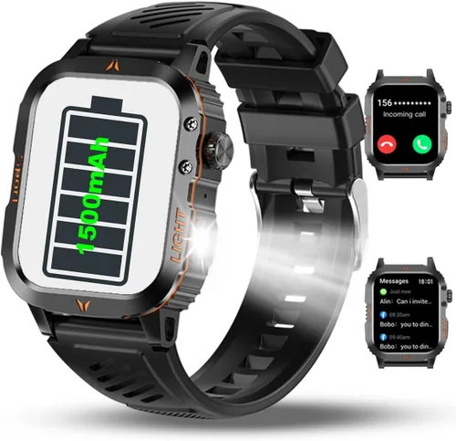 Reloj inteligente militar para hombres, linterna LED, Bluetooth, llamada, IP68, impermeable, monitor de frecuencia cardíaca, oxígeno en sangre,