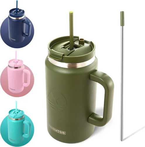 Miniatura 13 de FAHRMOSIS Vaso de 40 onzas con asa y pajita, taza aislada que cabe en el portavasos para bebidas frías y calientes, vaso a prueba de fugas