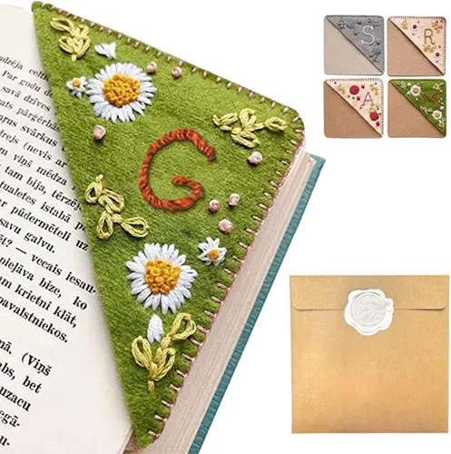 Miniatura 38 de Marcapáginas de esquina bordado a mano personalizado, 26 letras con costura a mano de fieltro, marcapáginas de esquina con bordado de flores lindo