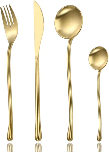 Miniatura 10 de JASHII Juego de cubiertos dorados mate, servicio para 2, juego de cubiertos de acero inoxidable 18/10 con acabado satinado, utensilios de cocina