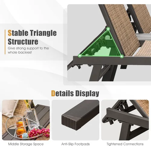 Miniatura 8 de COSTWAY Patio 2-Persona Chaise Lounge Chair 6-Posición Trasera Ajuste Panel Medio