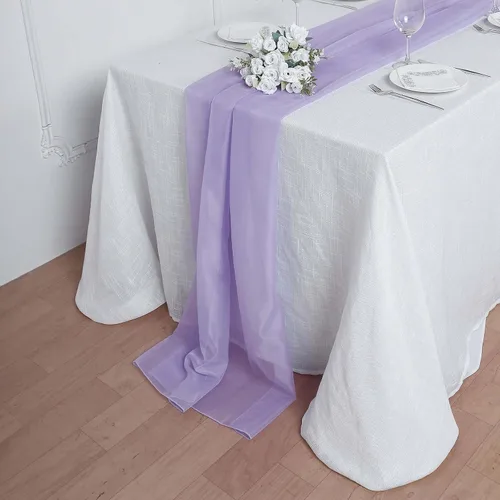 Miniatura 24 de Tableclothsfactory Camino de mesa de gasa de amatista de 22 x 80 pulgadas para bodas, fiestas, banquetes, decoración, ajuste rectangular y mesa