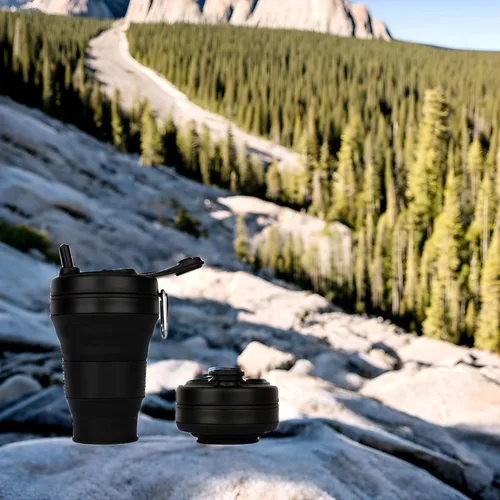Miniatura 5 de Taza de Café de Silicona con Pajita y Tapa, Tazas Plegables para Viajar, 20oz, Taza de Agua Plegable Ligera para Picnic, Senderismo, Camping, Negro