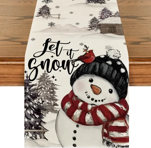 Artoid Mode Árboles de Navidad Deja que nieve Muñeco de nieve negro Camino de mesa de Navidad, decoración de mesa de comedor para vacaciones de