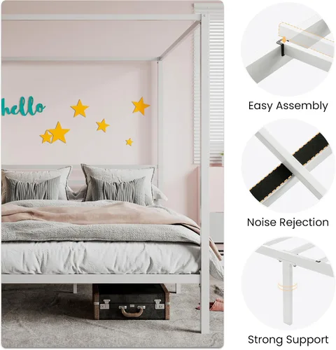 Miniatura 4 de SHA CERLIN Marco de Cama con Dosel de Metal Tamaño Queen/Base de Colchón con Soporte de Listones de Metal/No Necesita Somier/Fácil Montaje/Blanco