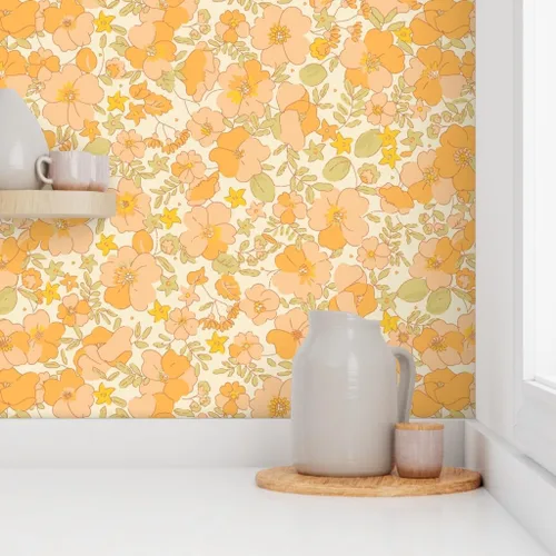Miniatura 8 de Papel tapiz para despegar y pegar, diseño floral vintage de los años 70, flores amarillas melocotón, papel tapiz extraíble personalizado Spoonflower