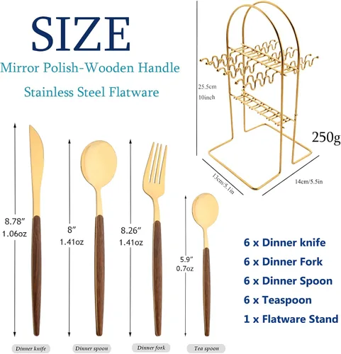 Miniatura 2 de Juego de cubiertos de 24 piezas de mango de madera, juego de cubiertos de acero inoxidable de madera, cuchillo de cena, tenedor, cucharadita