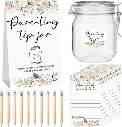 Miniatura 13 de Roowest Tarjetas de consejos de Baby Shower para bebé para nuevos padres - Cartel de frasco de propinas para nuevos padres, 60 tarjetas de consejos