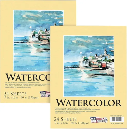 U.S. Art Supply Bloc de papel de acuarela pesado de alta calidad de 9 x 12 pulgadas, paquete de 2 (24 hojas cada uno), 90 libras (6.70 oz/m²),
