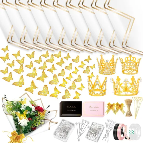 Miniatura 8 de Juego de 338 piezas de papel de regalo de ramo de flores, papel de regalo floral impermeable, suministros de ramo de floristería con coronas