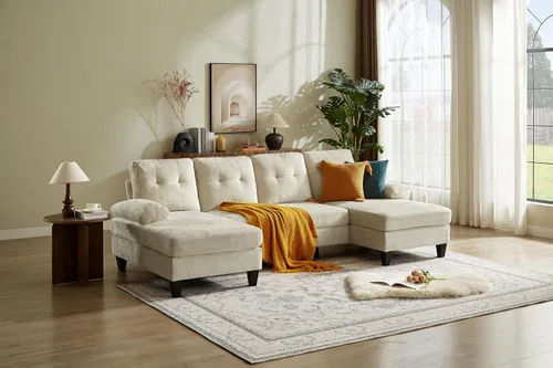 Miniatura 11 de Sofá modular de 111 pulgadas para sala de estar, sofá en forma de U de 4 plazas con doble diván de fibra de lino de poliéster, beige Gris claro