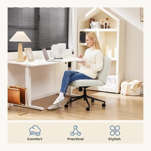 Miniatura 8 de DUMOS Silla de escritorio sin ruedas, silla cruzada ancha con patas cruzadas, silla de tocador de escritorio de oficina, sillas giratorias