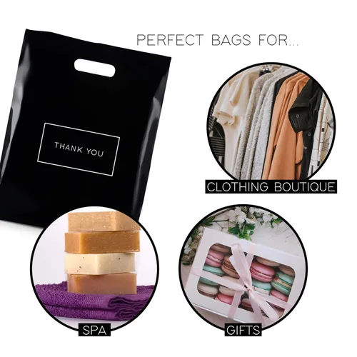 Miniatura 4 de Bolsas de plástico grandes con logotipo de agradecimiento, 12 x 15 pulgadas, con asas troqueladas, 100 unidades, ideales para mercancías, regalos