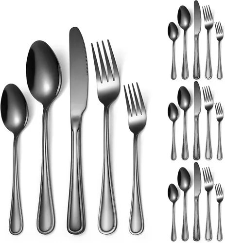 Miniatura 25 de Modern Silverware - Juego de cubiertos martillados de acero inoxidable de 20 piezas para 4 personas, incluye tenedores, cucharas, cuchillos, plateado