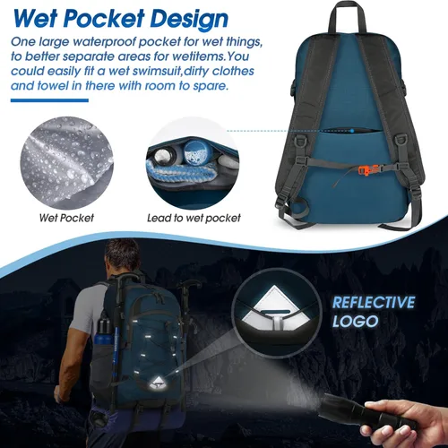 Miniatura 4 de IGOLUMON Mochila de senderismo de 40 L, plegable, ligera, mochila de camping para hombres y mujeres, impermeable, mochila de senderismo al aire Azul