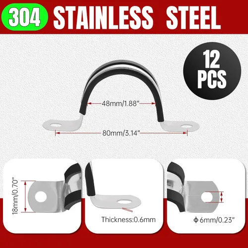 Miniatura 2 de Paquete de 12 correas rígidas de conducto de acero inoxidable 304 con abrazaderas en P de 1-7/8 pulgadas (1.890 in) de goma acolchada para cable