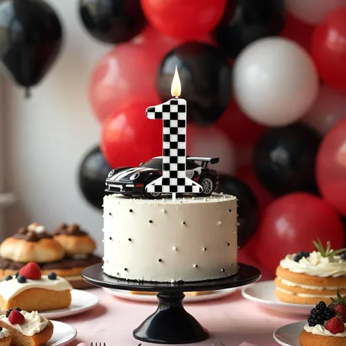 Miniatura 5 de Velas de cumpleaños con temática de autos de carreras, velas a cuadros número 1, adorno de pastel a cuadros blanco y negro, suministros para fiestas