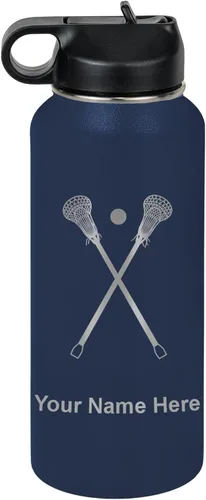 Miniatura 56 de LaserGram Botella de agua personalizada, palitos de lacrosse, acero inoxidable de doble pared aislada al vacío con popote superior, regalo grabado