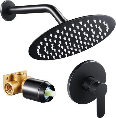 POPFLY Juego de grifo de ducha negro, sistema de ducha de lluvia de baño con cabezal de ducha de 8 pulgadas, kit de molduras de ducha de una sola