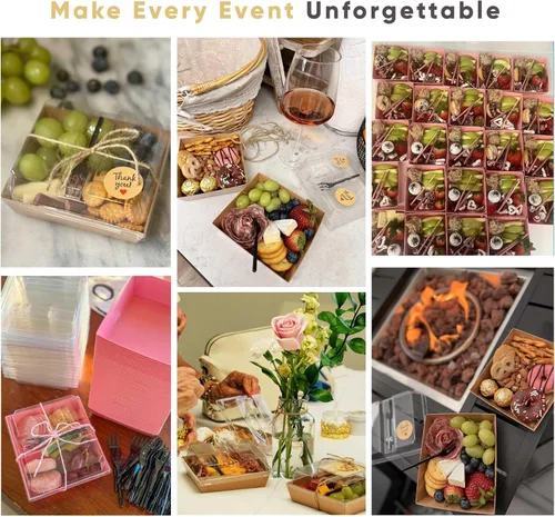 Miniatura 7 de Leafiew Paquete de 50 Cajas de Charcutería Individuales Pequeñas con Tapas Transparentes y Tenedores - Mini Caja de Charcutería de Papel Para