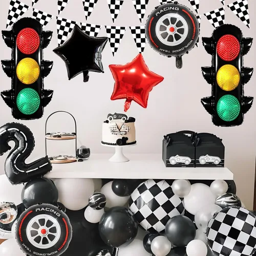 Miniatura 5 de Globos de carreras para decoración de fiesta de cumpleaños, globos de semáforo de 32 pulgadas, pancarta a cuadros, globos de neumáticos
