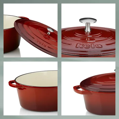 Miniatura 6 de kela Hierro fundido esmaltado para horno holandés con tapa y mango de acero inoxidable, alta retención de calor, 4 cuartos de galón, color rojo