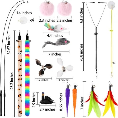 Miniatura 5 de Soarer Juguetes de plumas interactivos para gatos 4 en 1, 12 piezas de plumas de gato duraderas para caña de pescar, juguete de vara para gatos