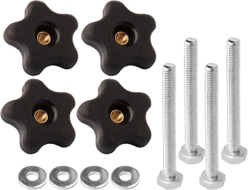 POWERTEC Kit de perilla de pista en T 71070V con perilla de 5 estrellas, pernos roscados y arandelas 1/4-20, juego de 12 piezas, pernos de ranura en