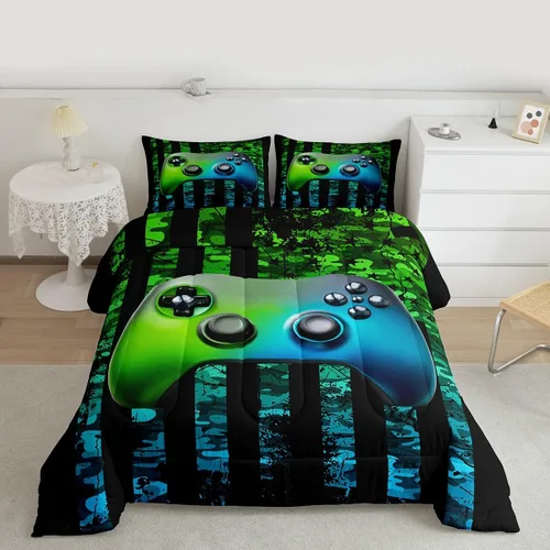 Miniatura 10 de Juego de edredón de videojuegos para niños, niñas y hombres, juego de ropa de cama con estampado de consola de videojuegos negro, decoración