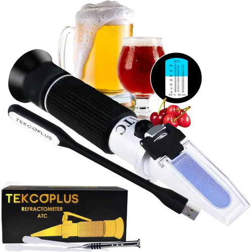 Refractómetro Brix con ATC, Rango 0-32% Brix con 0.2% División, para Brandy, Cerveza, Frutas, Líquido de Corte, con Luz LED Extra y pipetas (0~32%