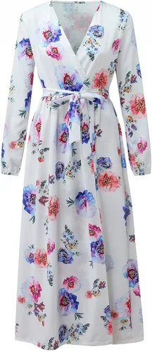 Miniatura 6 de Vestido de verano para mujer, para playa, con estampado floral, cuello en V, manga larga, vintage, con cinturón