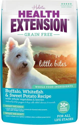 Health Extension Fórmula Little Bites de Croquetas Pequeñas de Búfalo y Pescado Blanco Sin Granos con Más de 30 Superalimentos y Probióticos para